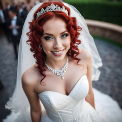 Portrait of smiling happy bride in white long dress and veil