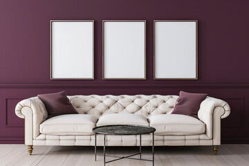 Triple frame mockup, dark plum wall, cream sofa, minimalist iron table; high-definition 3D.