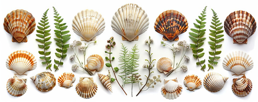 Clipart Of A Collection Of Seashells Arranged With A Border Of Tropical Ferns And Flowering Vines