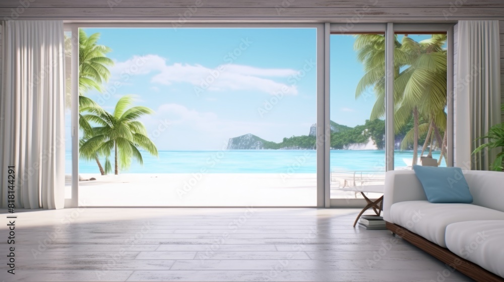 Poster a large window overlooking a beach and ocean. the room is empty and has a minimalist design. the vie