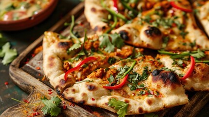 A pizza with peppers and cilantro on top sits on a wooden cutting board. The pizza is cut into slices and is ready to be eaten