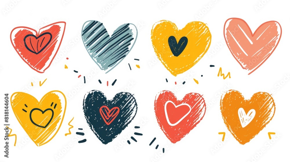 Poster a set of hearts with different colors and sizes. the hearts are drawn in a crayon style, and they ar