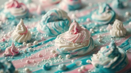 A colorful dessert with blue, pink, and white frosting. The dessert is decorated with sprinkles and has a swirl pattern