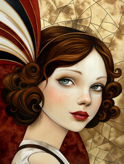 Art deco style portrait of a glamourous woman in earth tones
