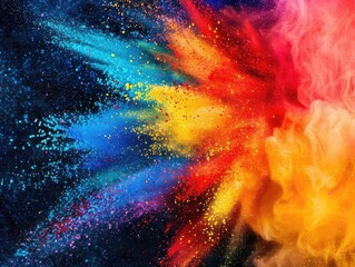 Obraz premium A colorful explosion of paint with a blue, red, and yellow center. The colors are vibrant and the explosion is dynamic