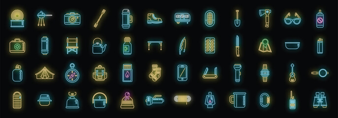 Equipment for hike icons set outline vector. Hiker backpack. Shoes hiking neon color on black