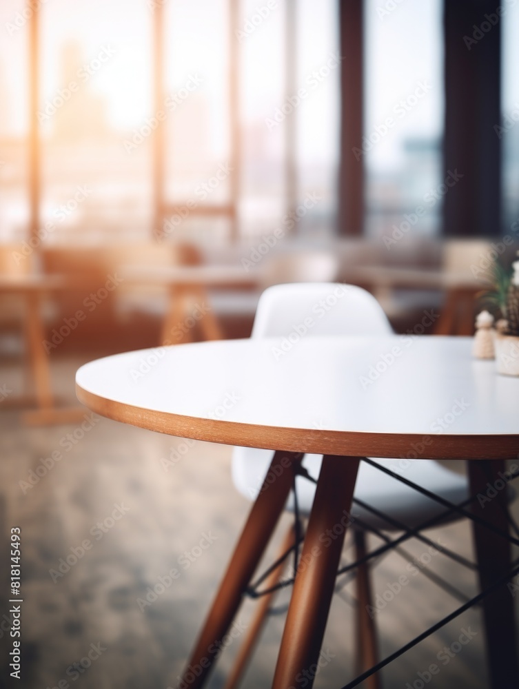 Poster a table with a white chair in front of it. the table is round and has a wooden top. the room is empt