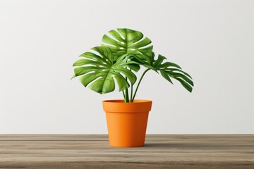 A small plant is in a red pot on a wooden table. The plant is green and has large leaves