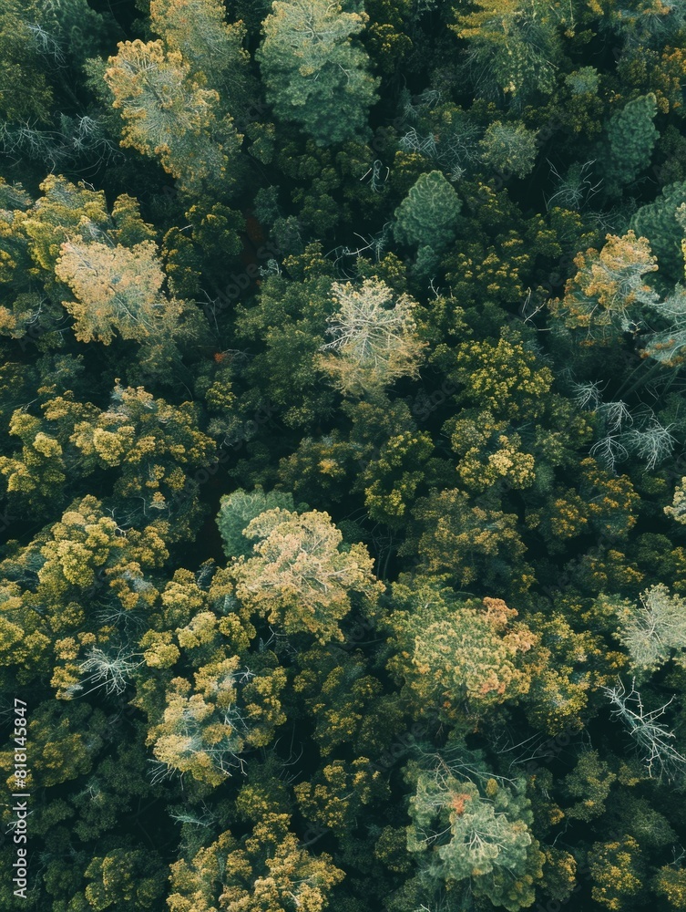 Poster a forest with trees of different sizes and colors. the trees are green and brown, and some of them h