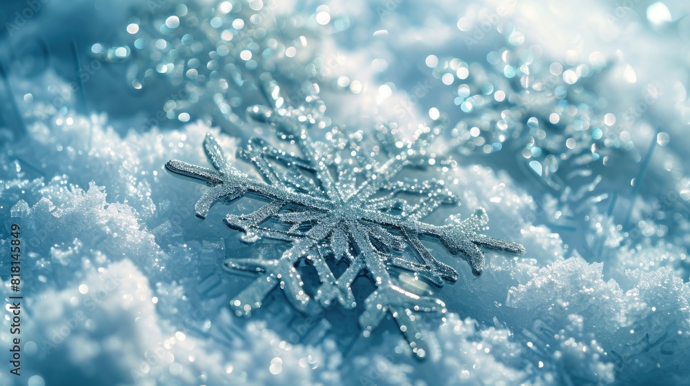 Poster a snowflake is on top of a snow covered ground. the snowflake is surrounded by a lot of snow and it 