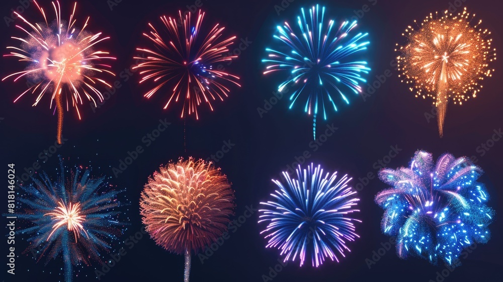 Poster a series of fireworks with different colors and shapes. the fireworks are set off in the sky, creati