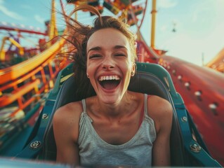 A woman is smiling and laughing while riding a roller coaster. Concept of excitement and joy, as the woman is enjoying the thrilling experience of the ride