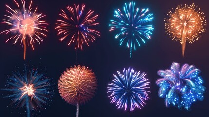 A series of fireworks with different colors and shapes. The fireworks are set off in the sky, creating a festive and celebratory atmosphere