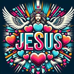 A colorful art of a jesus christ with hearts and birds lively meaning color.