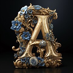 Luxury golden capital letter A decorated with blue flowers on a black background