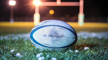 A rugby ball is on the grass in front of a goal post