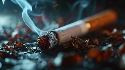 A cigarette is lit and smoking, with the smoke billowing out of the end. Concept of danger and harm, as smoking is known to cause numerous health problems