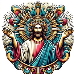 A colorful art of a jesus christ with his arms out lively bring spirit meaning.