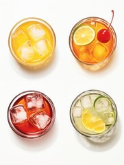 Four different colored drinks with ice cubes in them. One of the drinks has a cherry on top