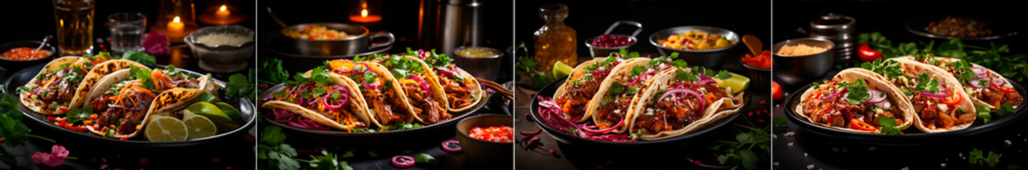 4 photos, Image of a set of pork tacos on a black stone tablet. Delicious and appetizing food presentation. High quality photography for culinary inspiration. - Powered by Adobe