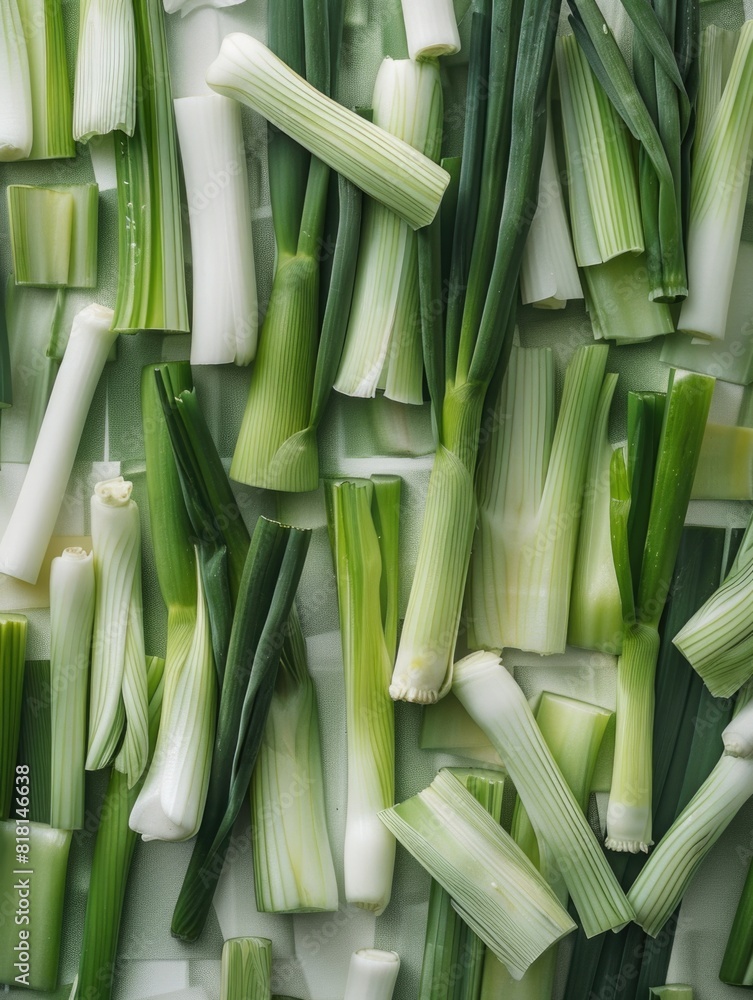 Aufkleber a close up of green onions with some of them cut off. the onions are arranged in a way that they loo