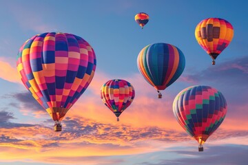 Obraz premium A group of colorful hot air balloons are flying in the sky. The sky is filled with clouds and the sun is setting, creating a warm and peaceful atmosphere. The balloons are of different sizes