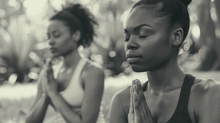 Fototapeta premium Two women are sitting in a park, one of them praying. The other woman is looking at the sky