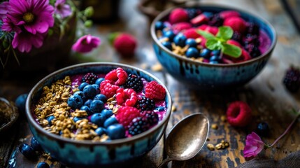 Two bowls of fruit with raspberries and blueberries. A spoon is in one of the bowls