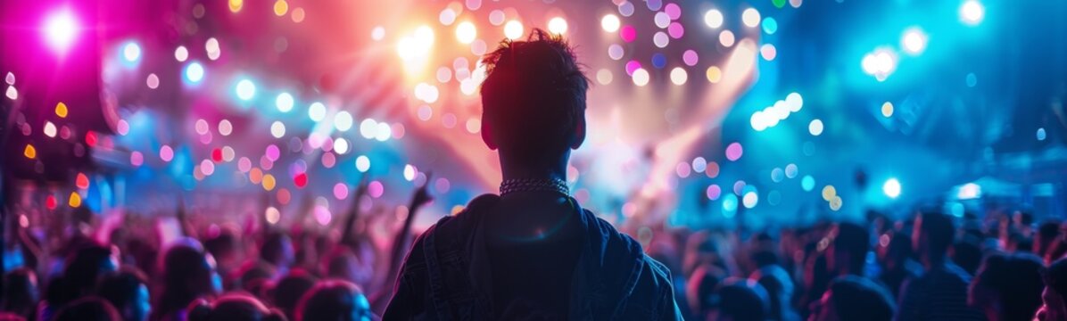 Someone is watching a concert with bright lights and people. Concert perty background 