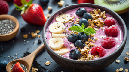 Colorful smoothie bowl of fruit and nut