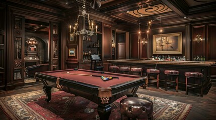 A luxurious, dimlylit gentlemans club featuring a classic pool table, a stocked bar with seating, and rich wooden decor