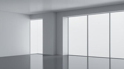 Modern Empty Room with Large Windows and White Walls