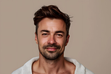 Obraz premium Handsome man in his 30s, on a beige background in a studio with wrinkles and causal hair, smiling and looking happy