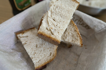Sliced artisan bread in a cloth-lined basket, ready to be served. The bread has a rustic appearance with a golden-brown crust and a soft, airy interior, perfect for any meal