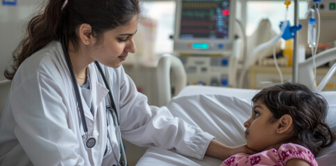 Indian female doctor attending to a young girl in a hospital room. Highlighting compassionate medical care for pediatric patients.