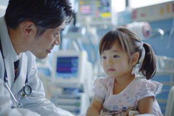 Obraz premium Japanese male physician looking after a little girl in a hospital ward. Showcasing attentive healthcare for children.