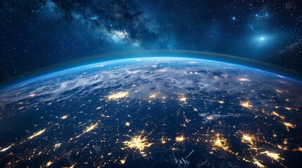 A view of the Earth from space, with the night sky filled with stars