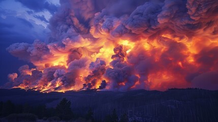 A raging wildfire creating massive pyrocumulus clouds overhead.