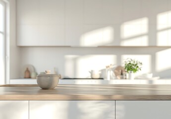 Minimalist white kitchen interior with wooden accents