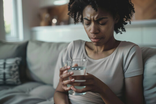 Woman dealing with menstrual discomfort takes pills with water, holding her abdomen in pain from cramps. Close-up shot highlighting conditions such as endometriosis causing discomfort in the tummy.