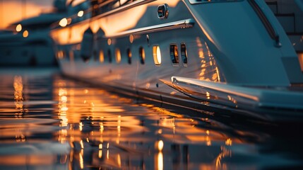 Obraz premium A boat is docked in the water as the sun sets in the background, casting a warm glow over the scene