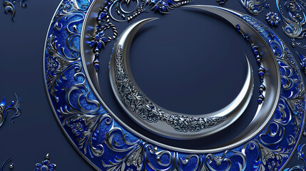 Cobalt Blue and Silver Crescent Pattern A striking 3D realistic crescent pattern in cobalt blue and silver, with intricate Islamic designs on a navy blue background.