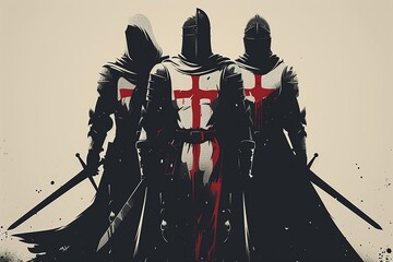 Naklejka premium A minimalist illustration of Templar knights, utilizing clean lines and sparse details to portray the essence of their order and chivalry, capturing the iconic imagery of knights in armor