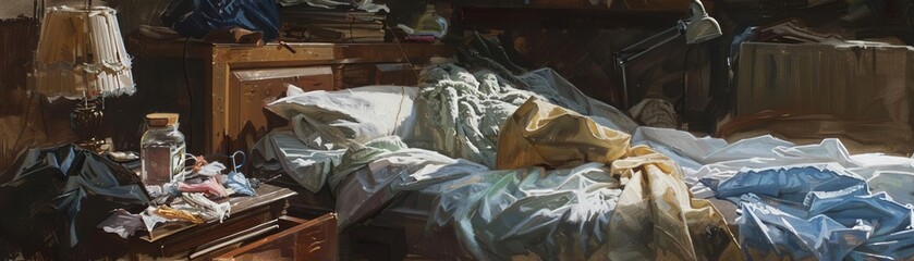 Design an oil painting portraying a side view of a messy bedroom