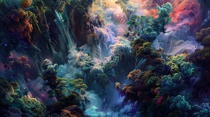 Transform a chaotic symphony of swirling colors and textures into a breathtaking aerial view of a mystical forest