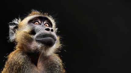 Close-up of a happy monkey on a black background. The monkey looks mysteriously into the frame.