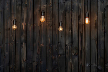 Dark wood background with hanging Edison bulbs. The wall is made of wood with a vintage texture....
