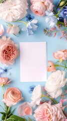 lifestyle product shot for a 5x7 Valentines day themed greeting card Setting Create a romantic flowery backdrop spread including baby blue
