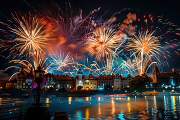 Amazing fireworks over a city square.