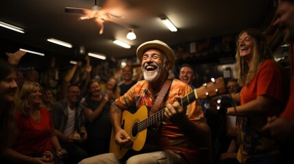 Happy Crowd Singing Along With Guitarist in a Joyful Group Gathering